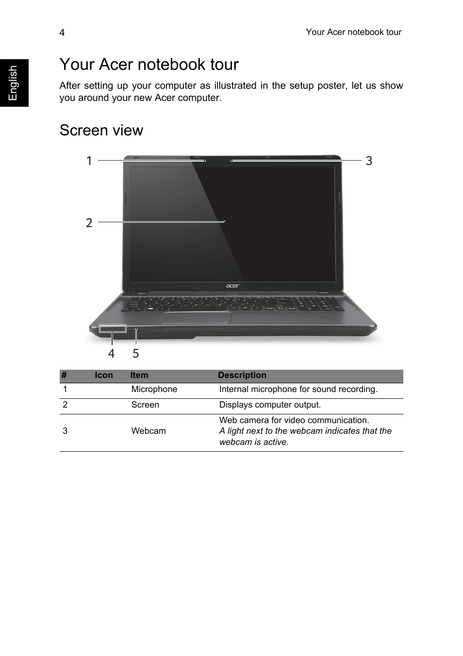 Your acer notebook tour, Screen view | Acer Aspire E1-771G User Manual | Page 4 / 9