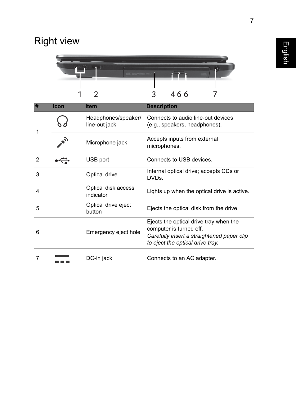 Right view | Acer Aspire E1-771G User Manual | Page 7 / 9