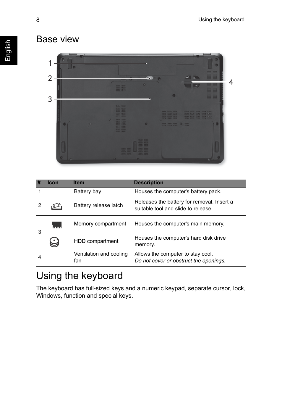 Base view, Using the keyboard | Acer Aspire E1-771G User Manual | Page 8 / 9