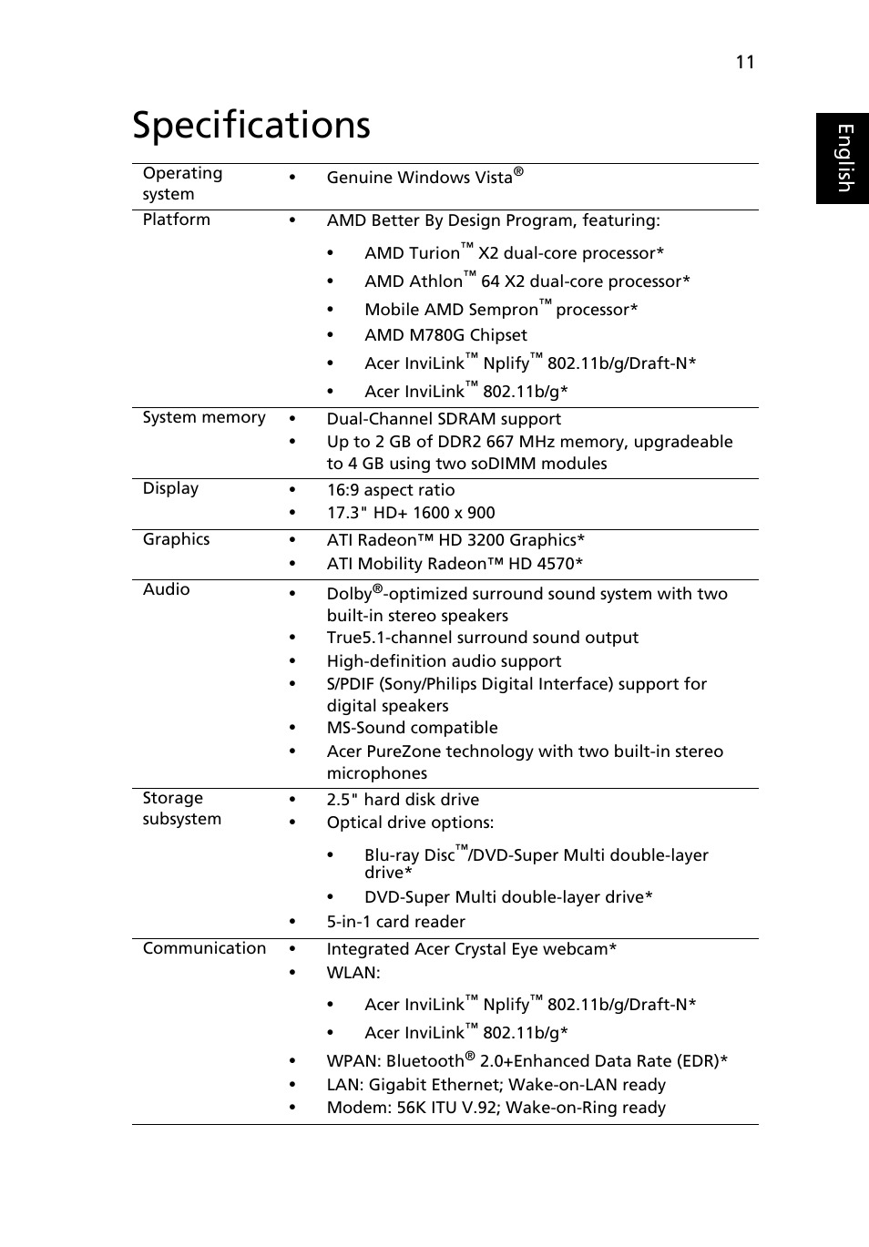 Specifications | Acer Aspire 7535G User Manual | Page 11 / 12