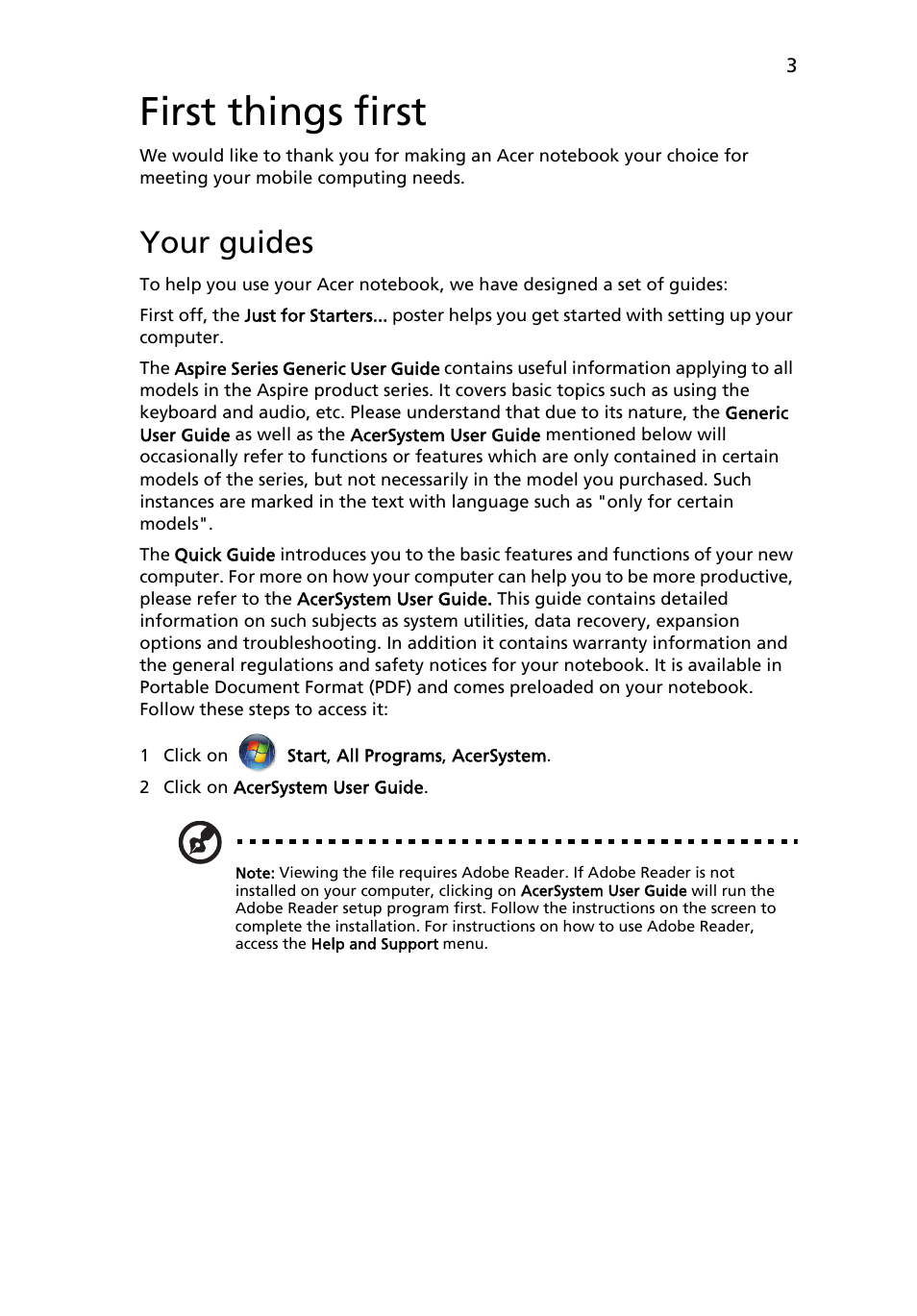 First things first, Your guides | Acer Aspire 7535G User Manual | Page 3 / 12