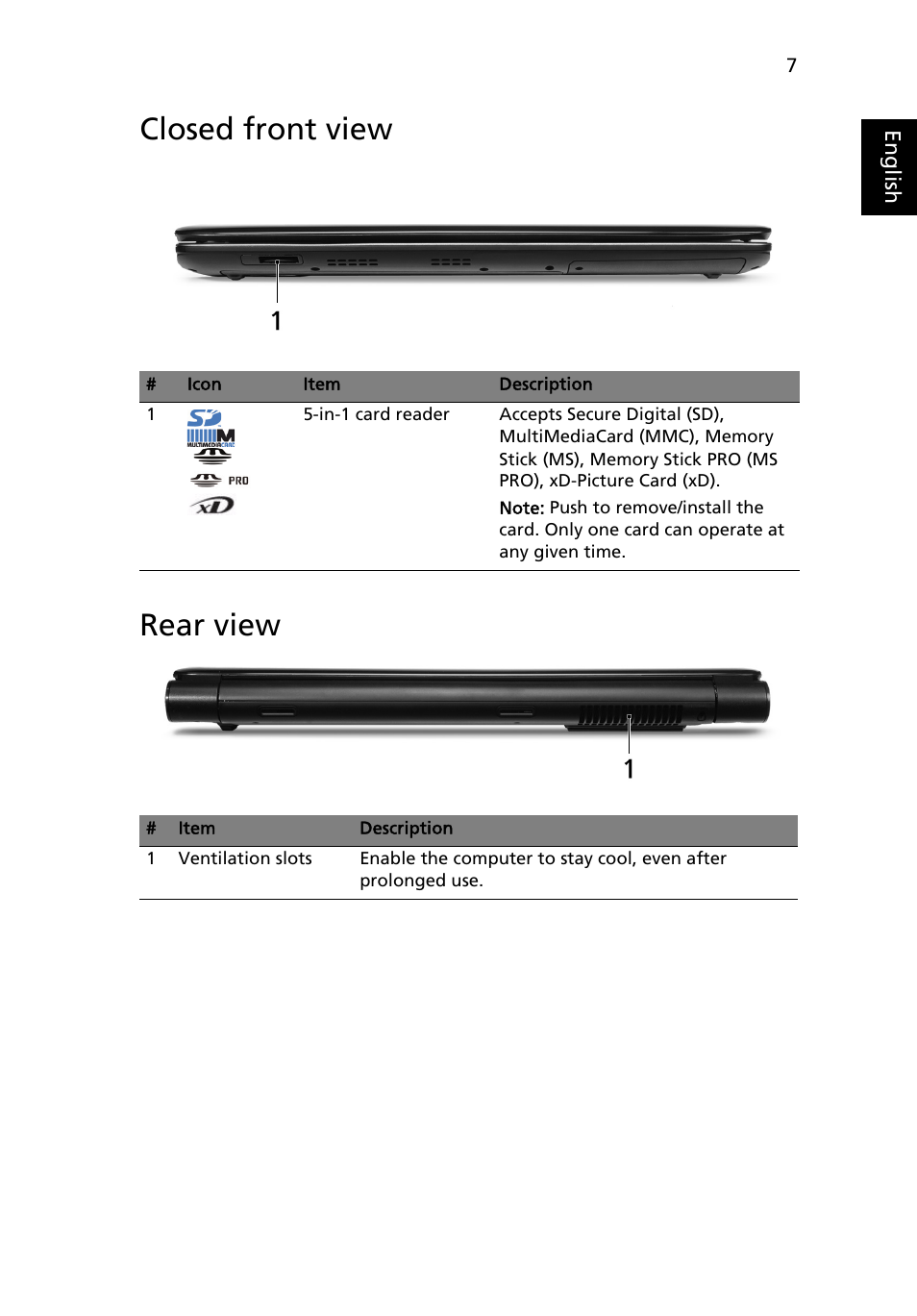 Closed front view, Rear view, Closed front view rear view | Acer Aspire 7535G User Manual | Page 7 / 12