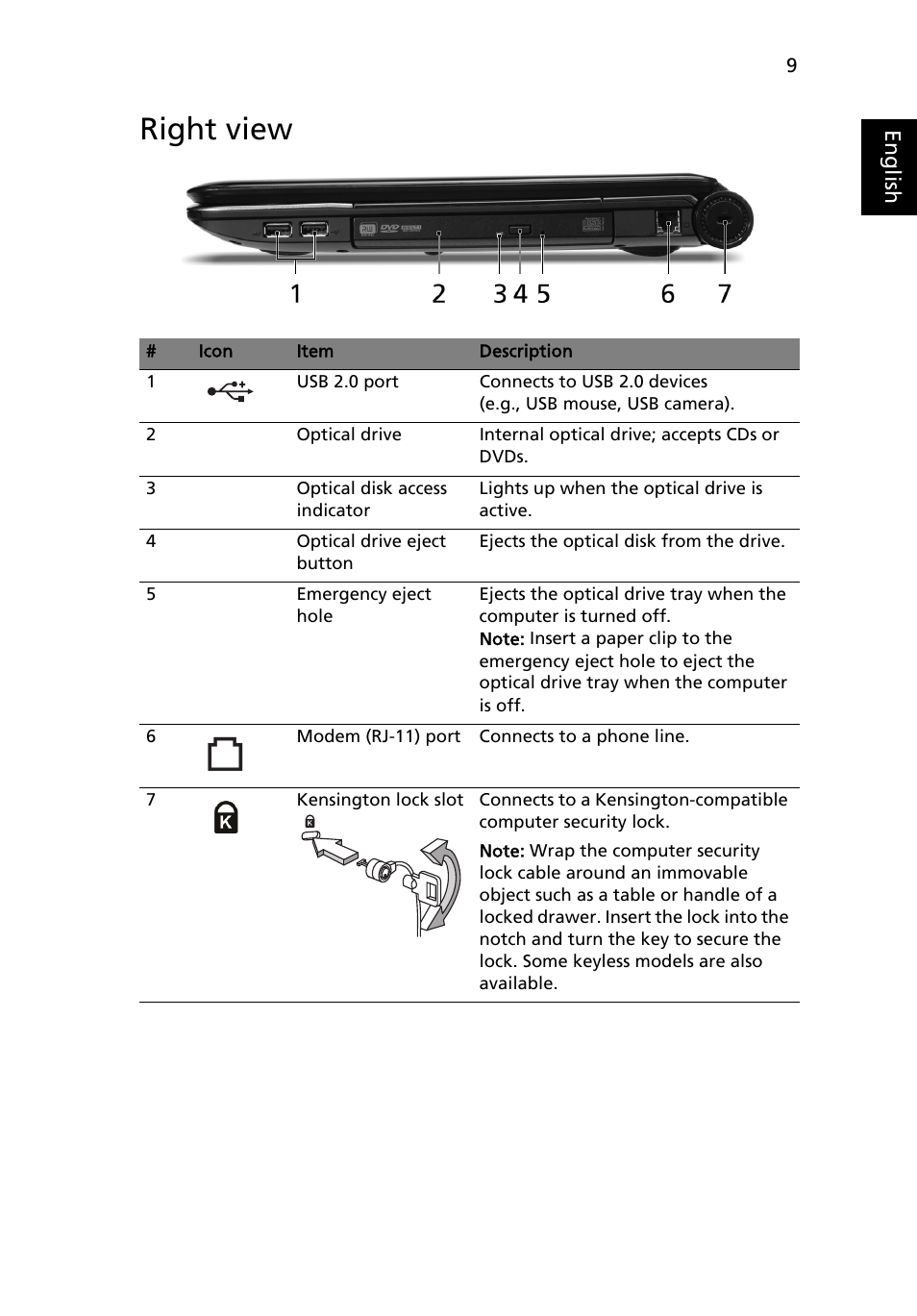 Right view | Acer Aspire 7535G User Manual | Page 9 / 12