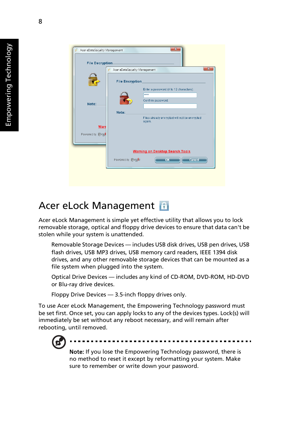 Acer elock management | Acer TravelMate 4280 User Manual | Page 26 / 101