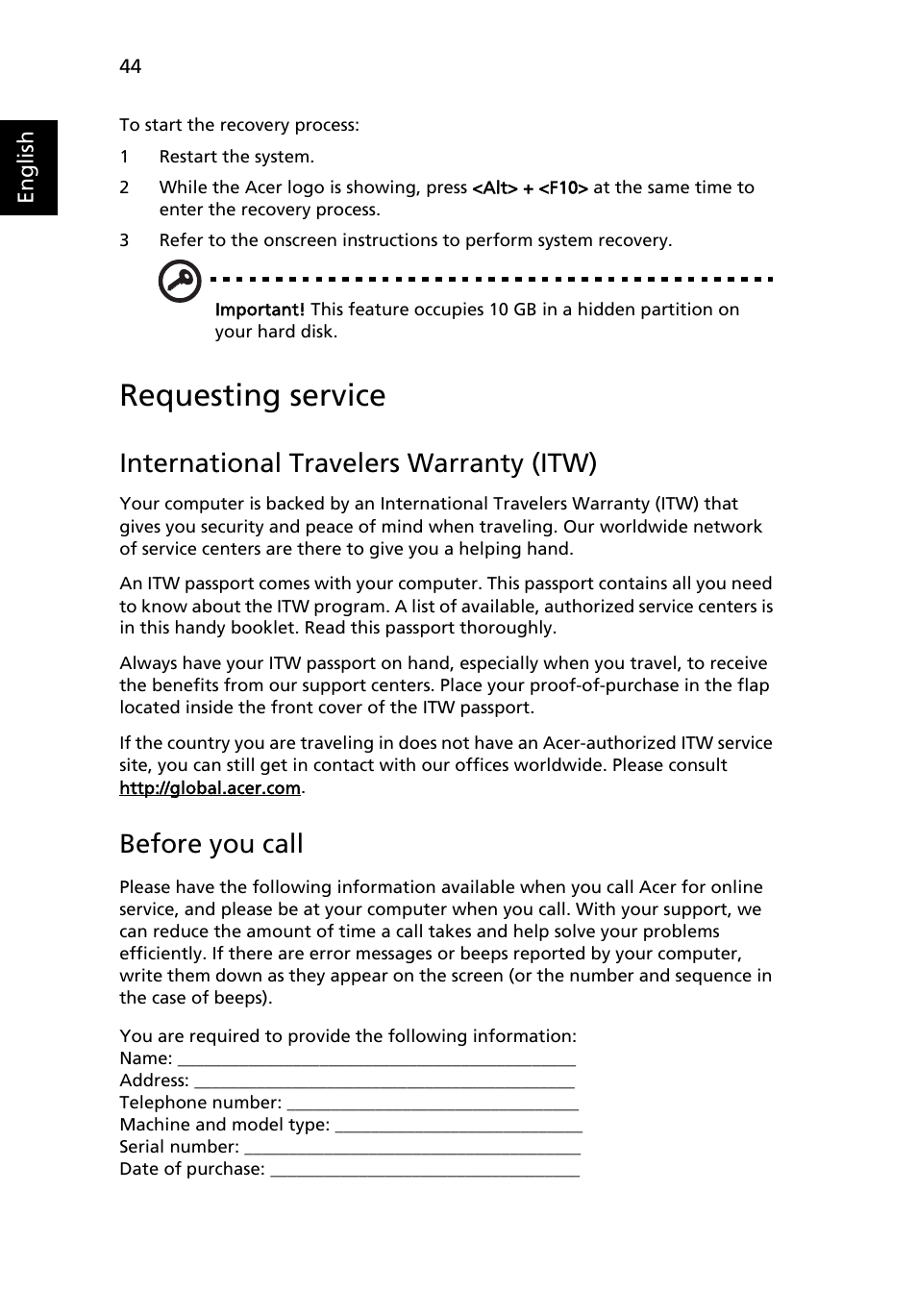 Requesting service, International travelers warranty (itw), Before you call | Acer TravelMate 4280 User Manual | Page 62 / 101