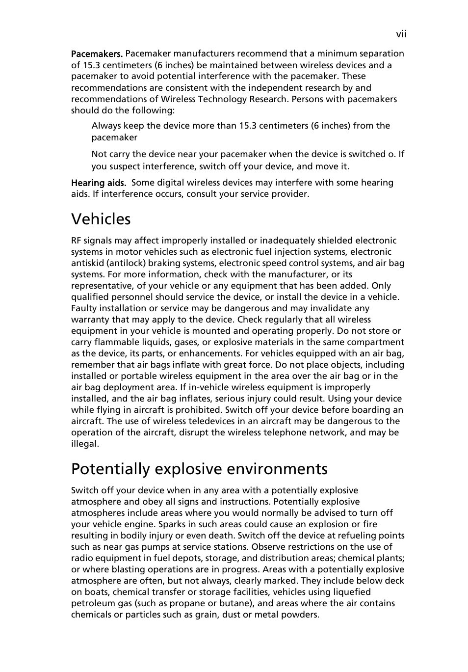 Vehicles, Potentially explosive environments | Acer TravelMate 4280 User Manual | Page 7 / 101