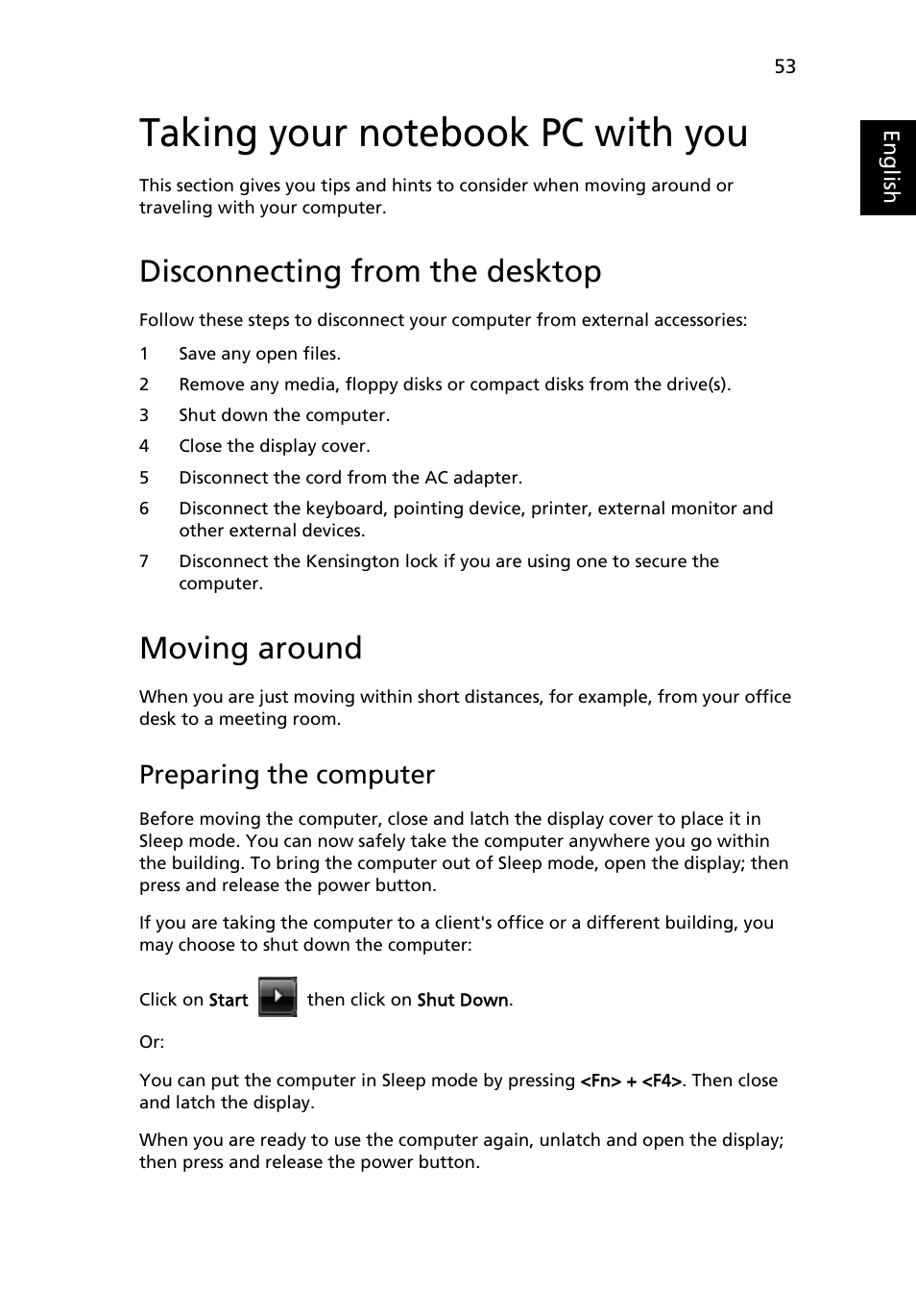 Taking your notebook pc with you, Disconnecting from the desktop, Moving around | Preparing the computer | Acer TravelMate 4280 User Manual | Page 71 / 101