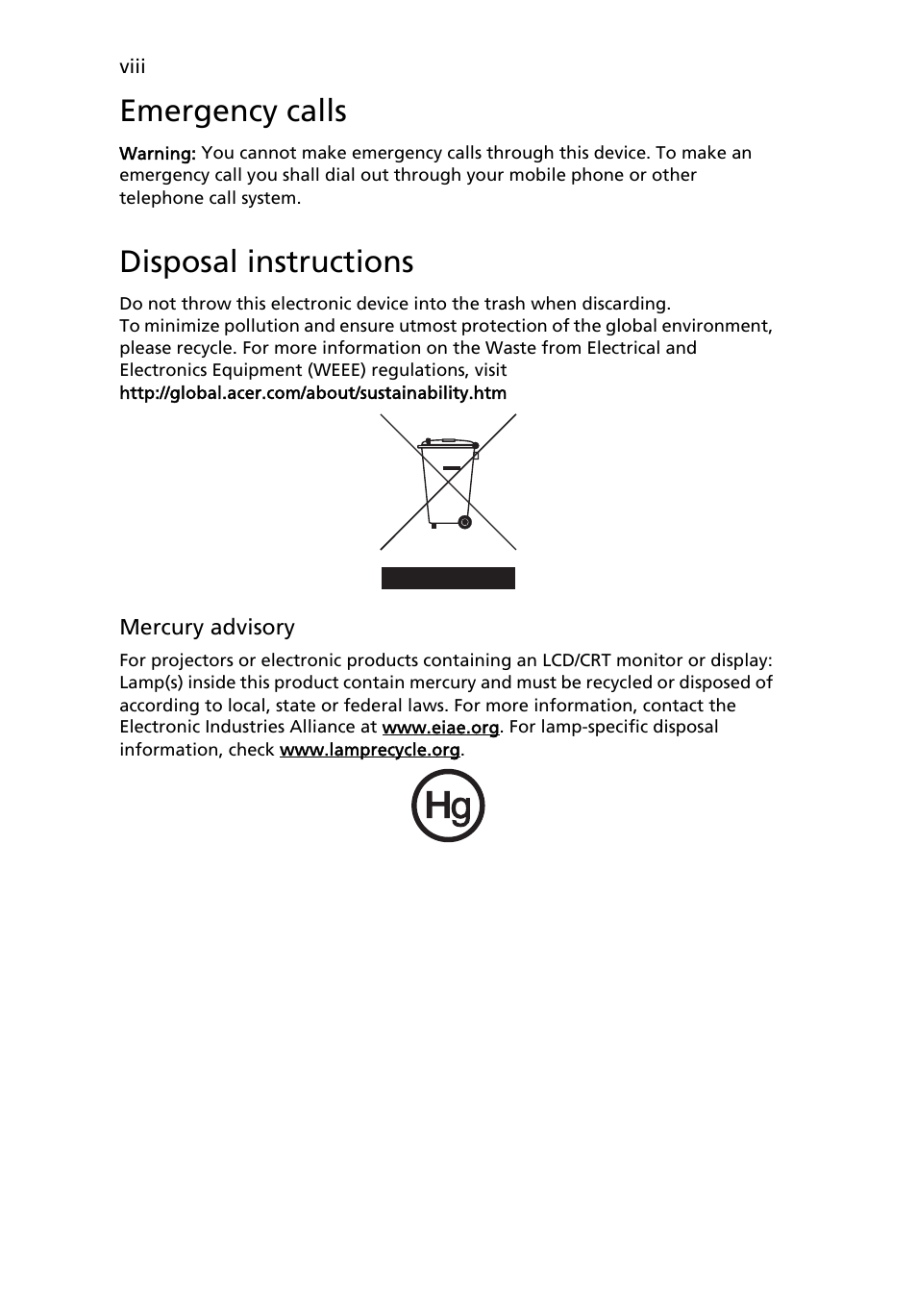 Emergency calls, Disposal instructions | Acer TravelMate 4280 User Manual | Page 8 / 101