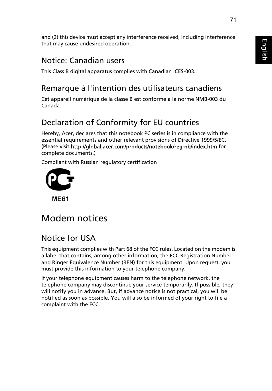 Modem notices, Notice: canadian users, Remarque à l'intention des utilisateurs canadiens | Declaration of conformity for eu countries, Notice for usa | Acer TravelMate 4280 User Manual | Page 89 / 101