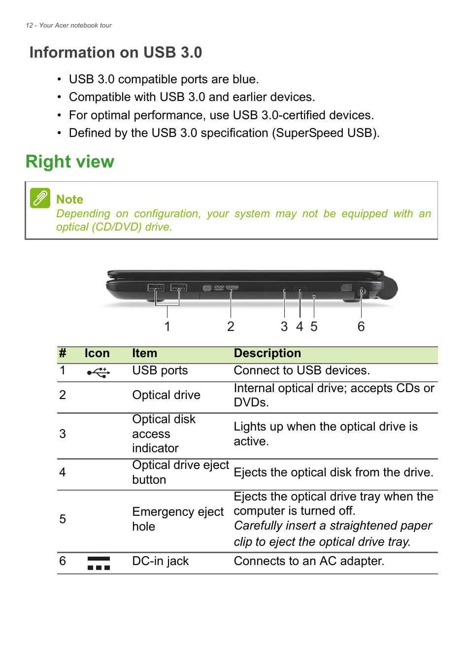 Information on usb 3.0, Right view | Acer Aspire E1-470PG User Manual | Page 12 / 93