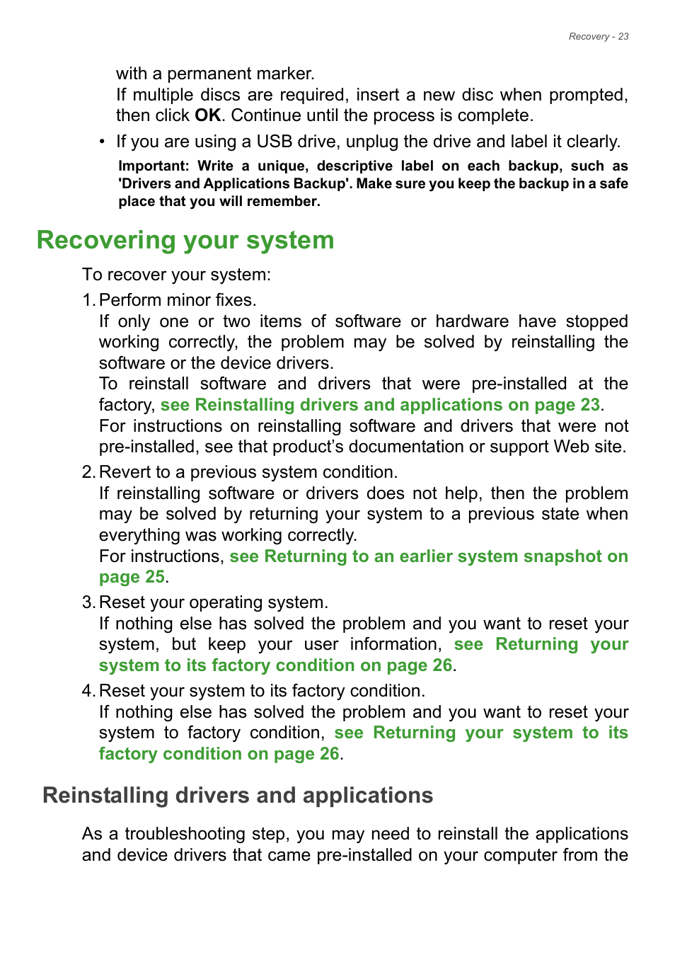Recovering your system, Reinstalling drivers and applications | Acer Aspire E1-470PG User Manual | Page 23 / 93