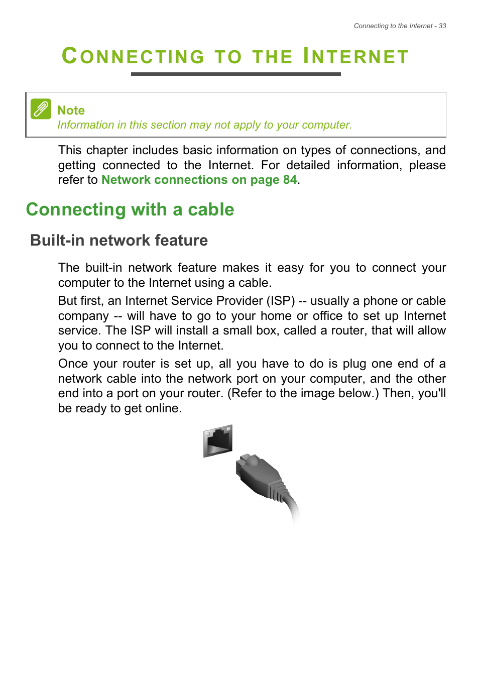 Connecting to the internet, Connecting with a cable, Built-in network feature | Onnecting, Nternet | Acer Aspire E1-470PG User Manual | Page 33 / 93