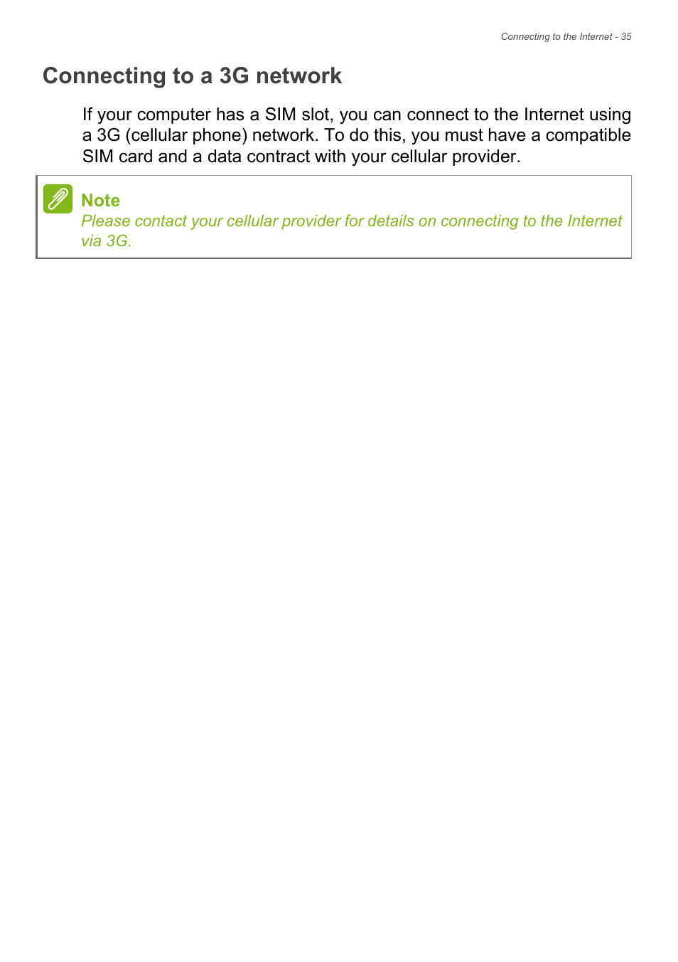 Connecting to a 3g network | Acer Aspire E1-470PG User Manual | Page 35 / 93