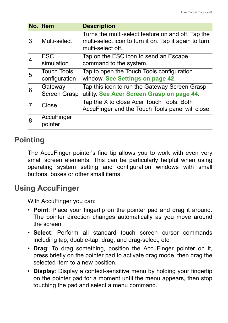 Pointing, Using accufinger, Pointing using accufinger | Acer Aspire E1-470PG User Manual | Page 41 / 93