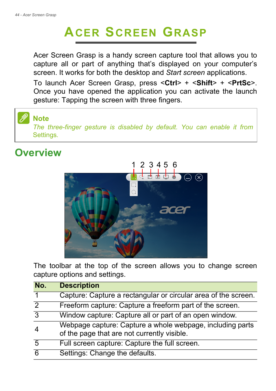 Acer screen grasp, Overview, Creen | Rasp | Acer Aspire E1-470PG User Manual | Page 44 / 93