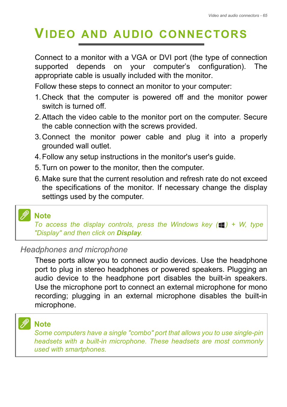 Video and audio connectors, Ideo, Audio | Connectors | Acer Aspire E1-470PG User Manual | Page 65 / 93