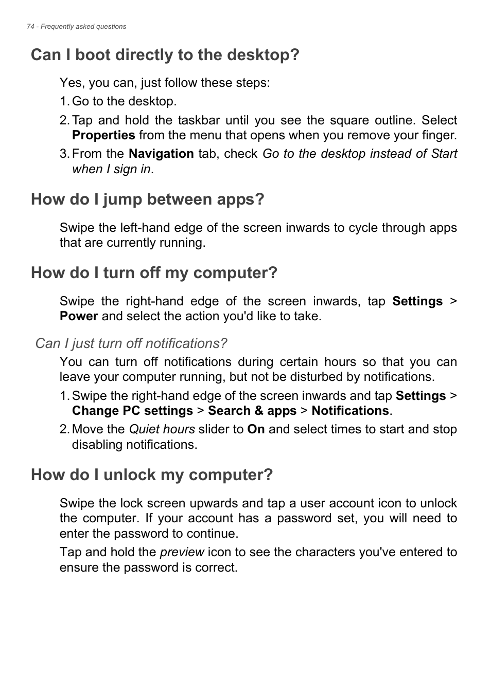 Can i boot directly to the desktop, How do i jump between apps, How do i turn off my computer | How do i unlock my computer | Acer Aspire E1-470PG User Manual | Page 74 / 93