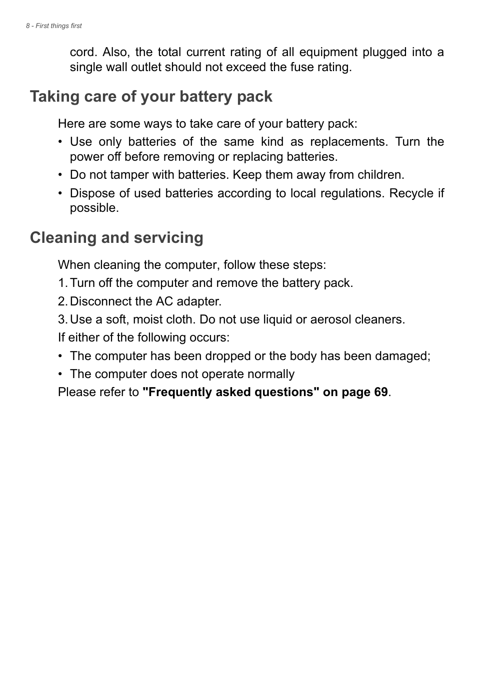 Taking care of your battery pack, Cleaning and servicing | Acer Aspire E1-470PG User Manual | Page 8 / 93