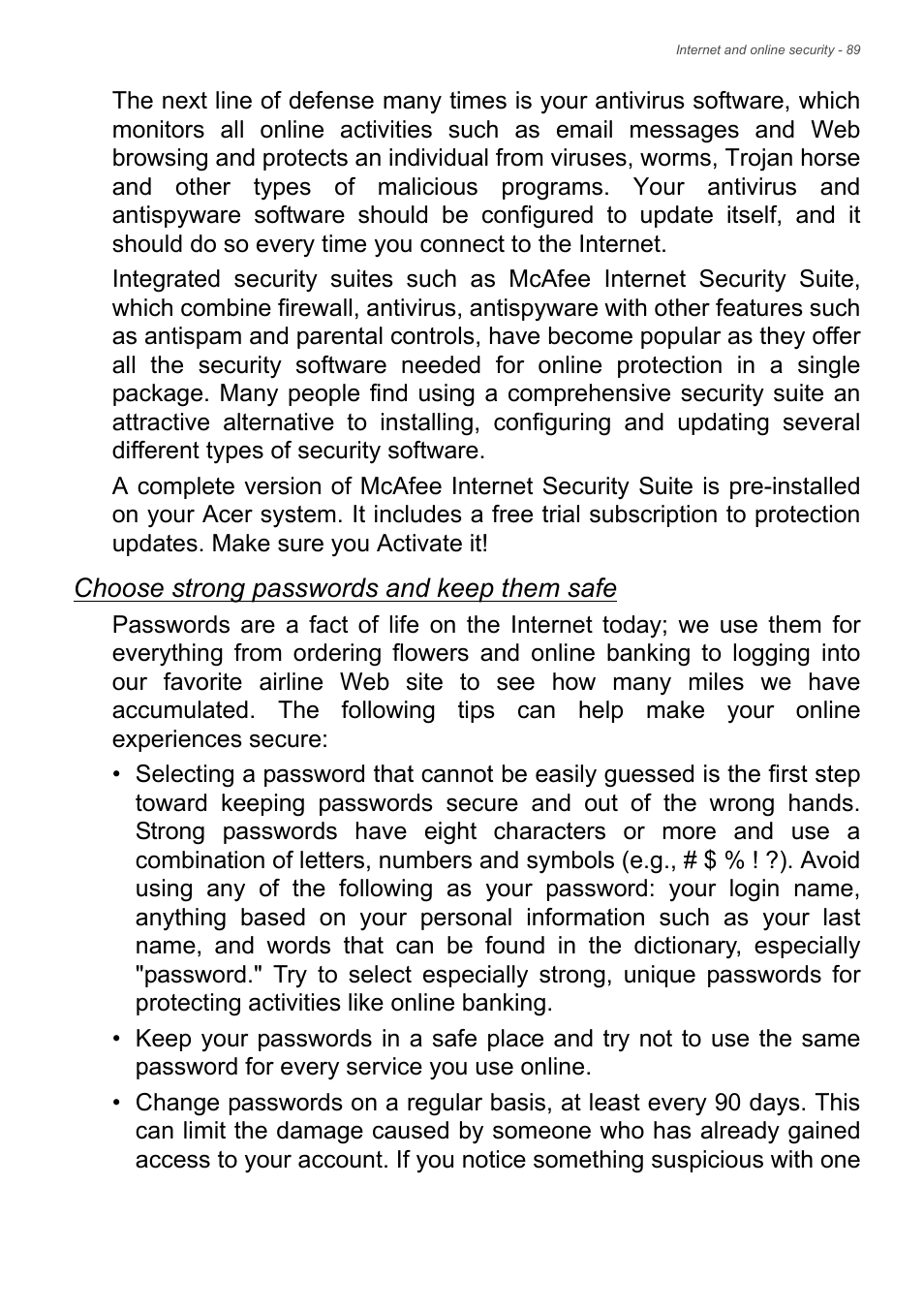 Choose strong passwords and keep them safe | Acer Aspire E1-470PG User Manual | Page 89 / 93