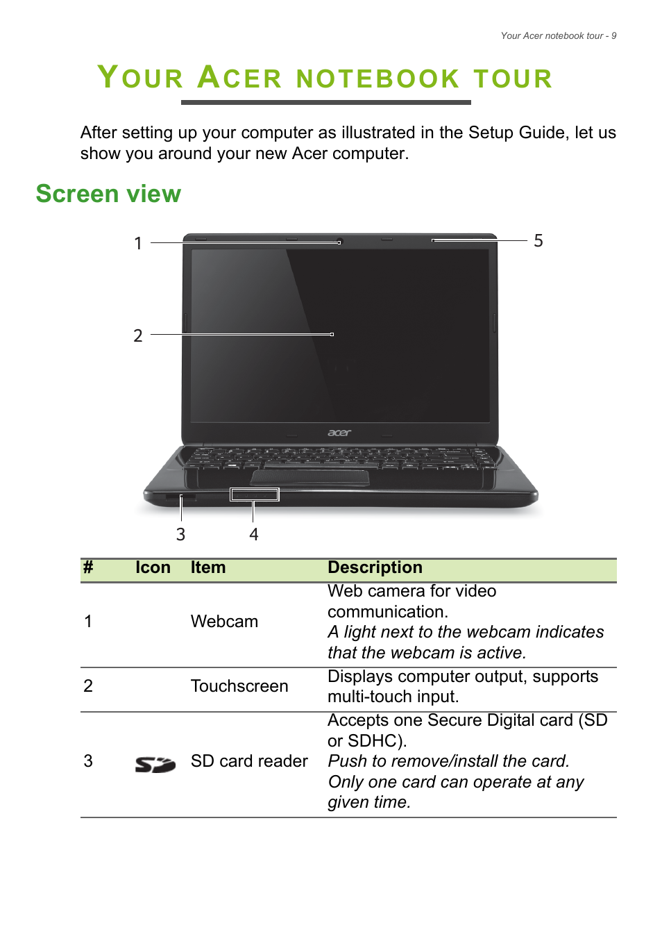 Your acer notebook tour, Screen view, Tour | Acer Aspire E1-470PG User Manual | Page 9 / 93