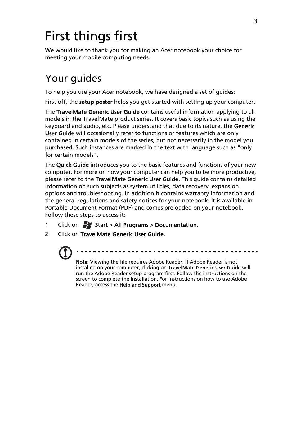 First things first, Your guides | Acer TravelMate 8473TG User Manual | Page 3 / 11