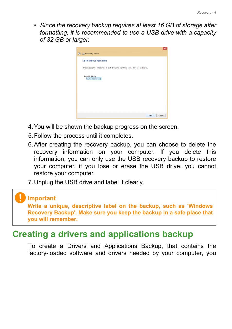 Creating a drivers and applications backup | Acer Aspire U5-610 User Manual | Page 10 / 71