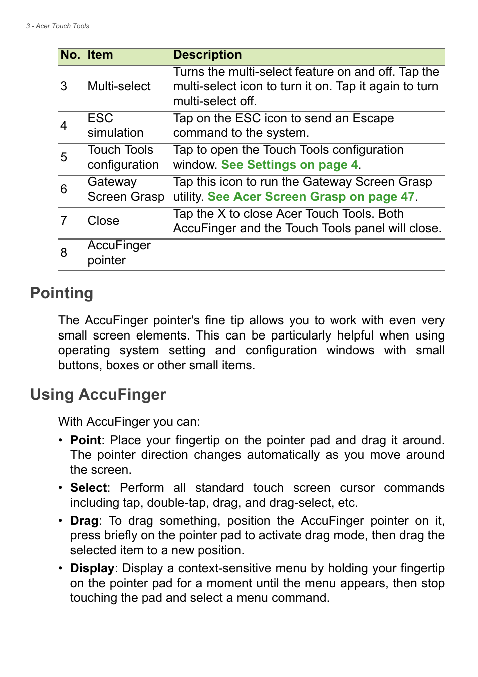 Pointing, Using accufinger | Acer Aspire U5-610 User Manual | Page 25 / 71