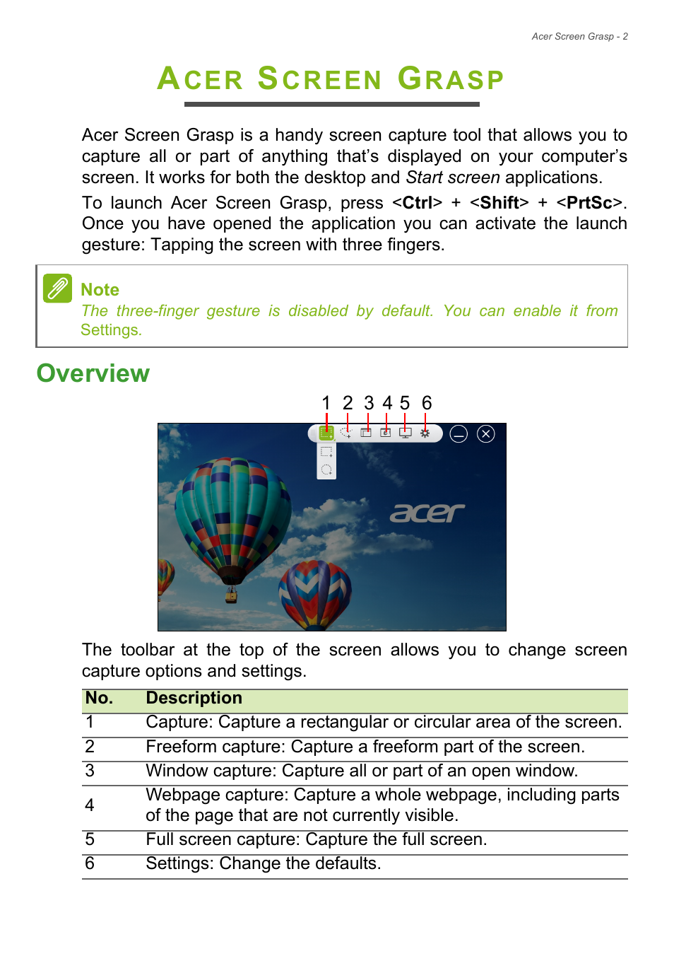 Acer screen grasp, Overview, Creen | Rasp | Acer Aspire U5-610 User Manual | Page 28 / 71