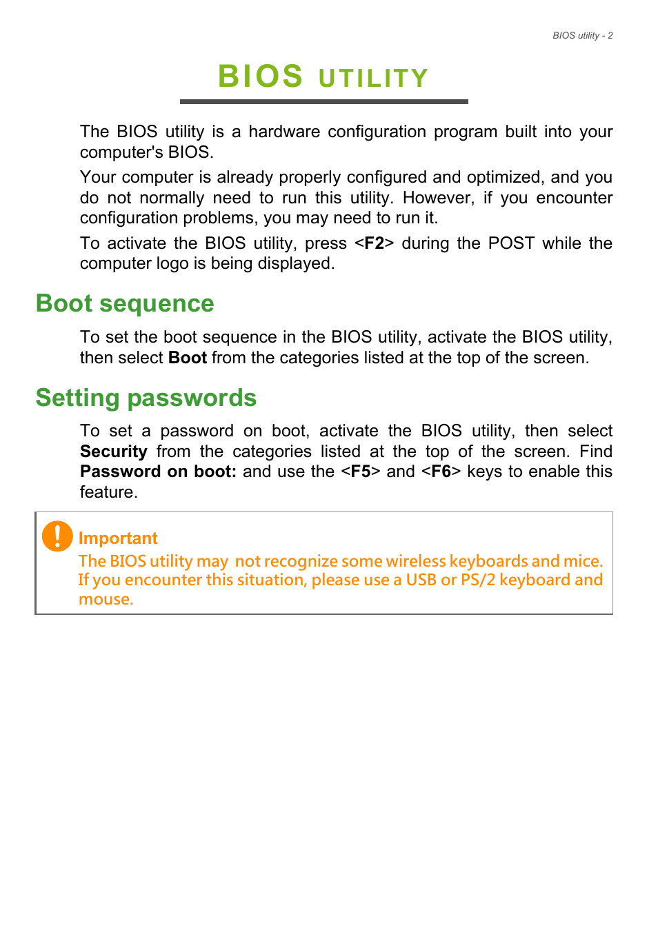 Bios utility, Boot sequence, Setting passwords | Boot sequence setting passwords, Bios, Utility | Acer Aspire U5-610 User Manual | Page 33 / 71