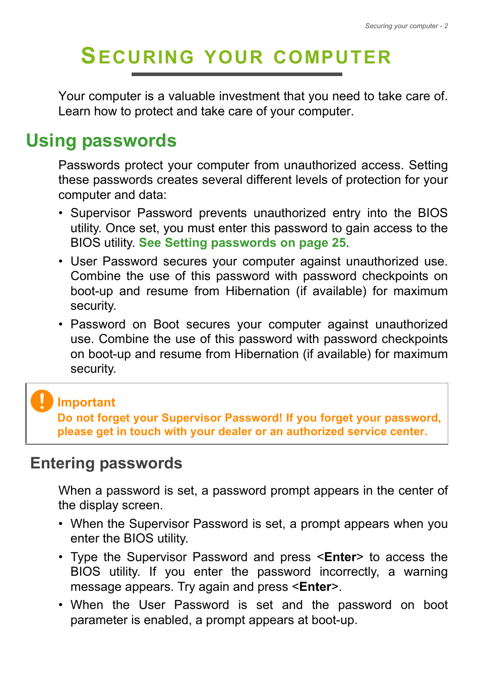 Securing your computer, Using passwords, Entering passwords | Ecuring, Your, Computer | Acer Aspire U5-610 User Manual | Page 34 / 71