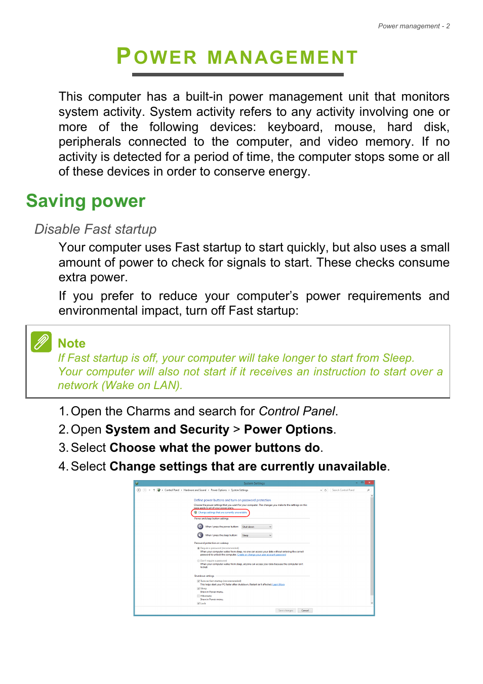 Power management, Saving power, Ower | Management | Acer Aspire U5-610 User Manual | Page 36 / 71