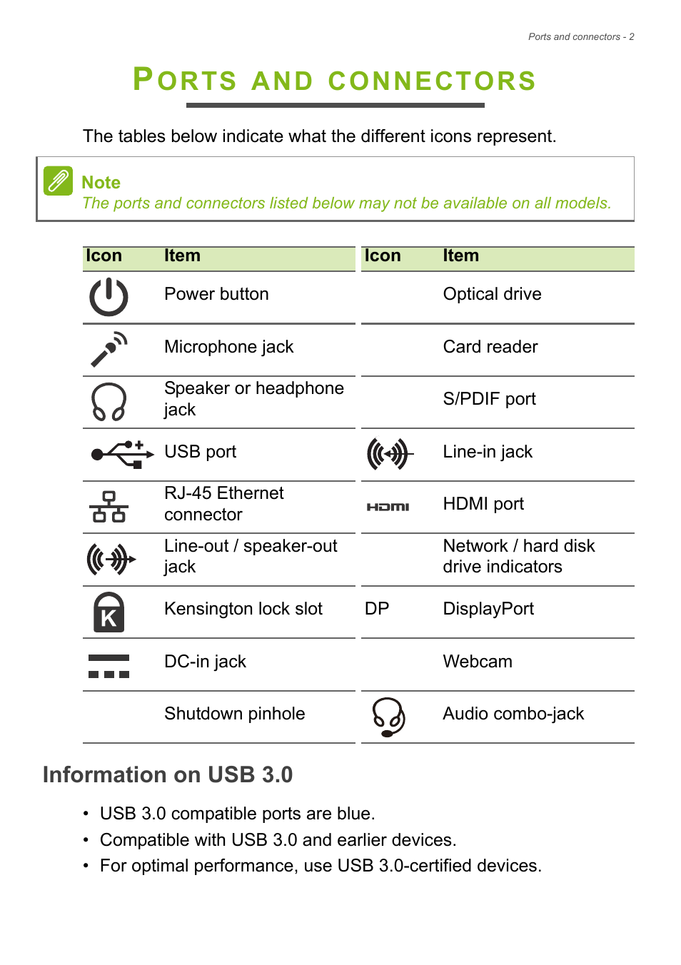 Ports and connectors, Information on usb 3.0, Orts | Connectors | Acer Aspire U5-610 User Manual | Page 39 / 71