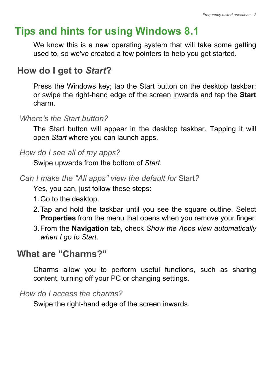 Tips and hints for using windows 8.1, How do i get to start, What are "charms | How do i get to start? what are "charms | Acer Aspire U5-610 User Manual | Page 51 / 71