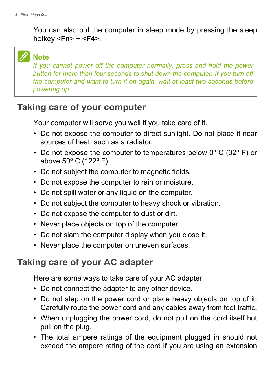 Taking care of your computer, Taking care of your ac adapter | Acer Aspire U5-610 User Manual | Page 6 / 71