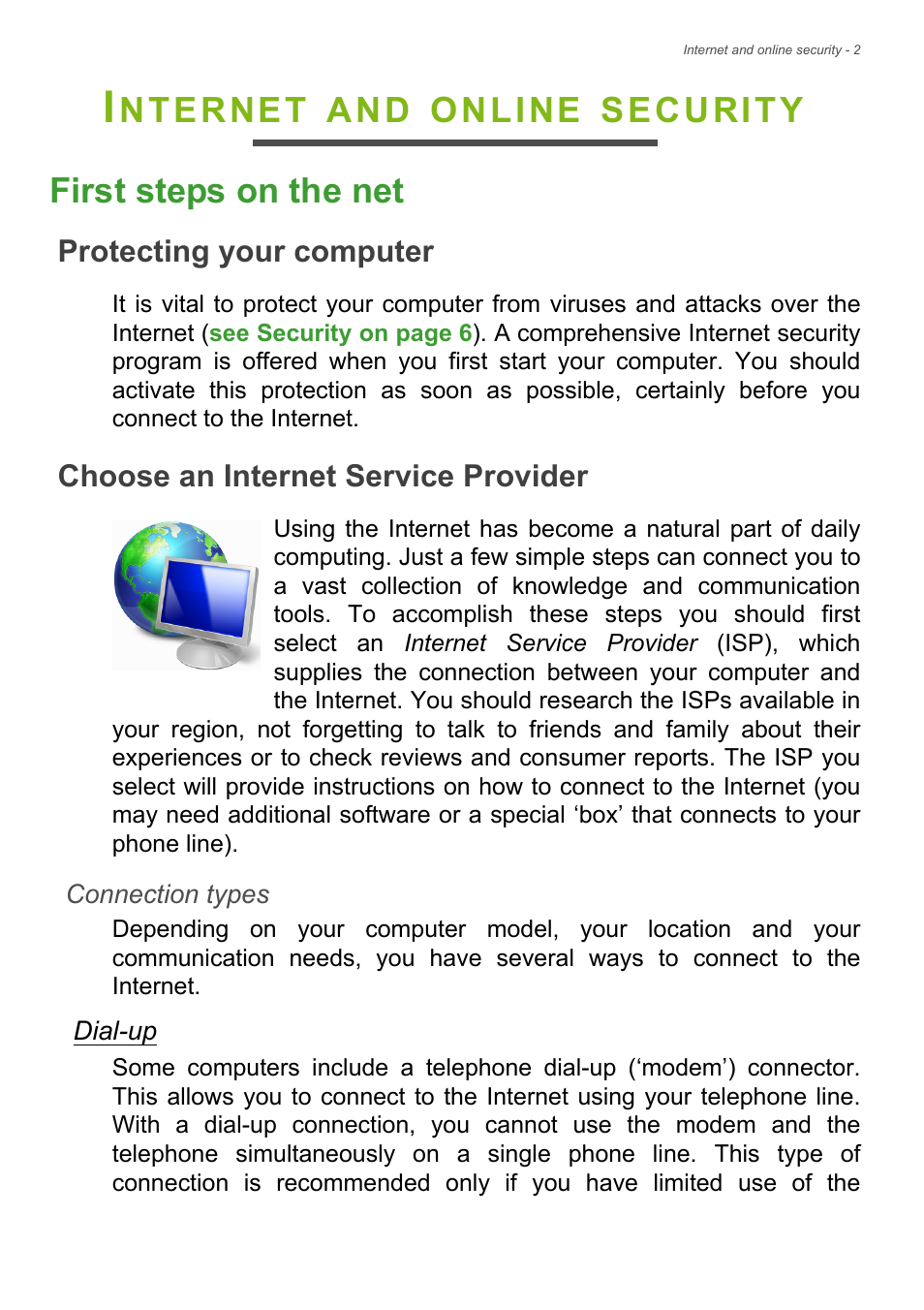 Internet and online security, First steps on the net, Protecting your computer | Choose an internet service provider, Protecting your computer choose an i, Nternet, Online, Security first steps on the net | Acer Aspire U5-610 User Manual | Page 60 / 71