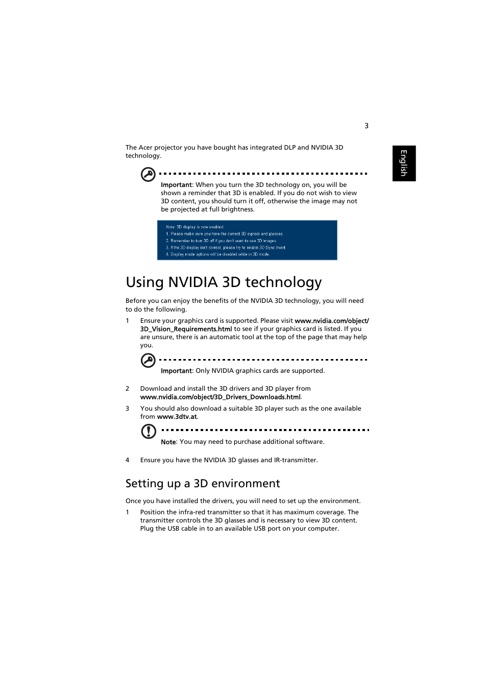 Using nvidia 3d technology, Setting up a 3d environment | Acer P1341W User Manual | Page 3 / 9