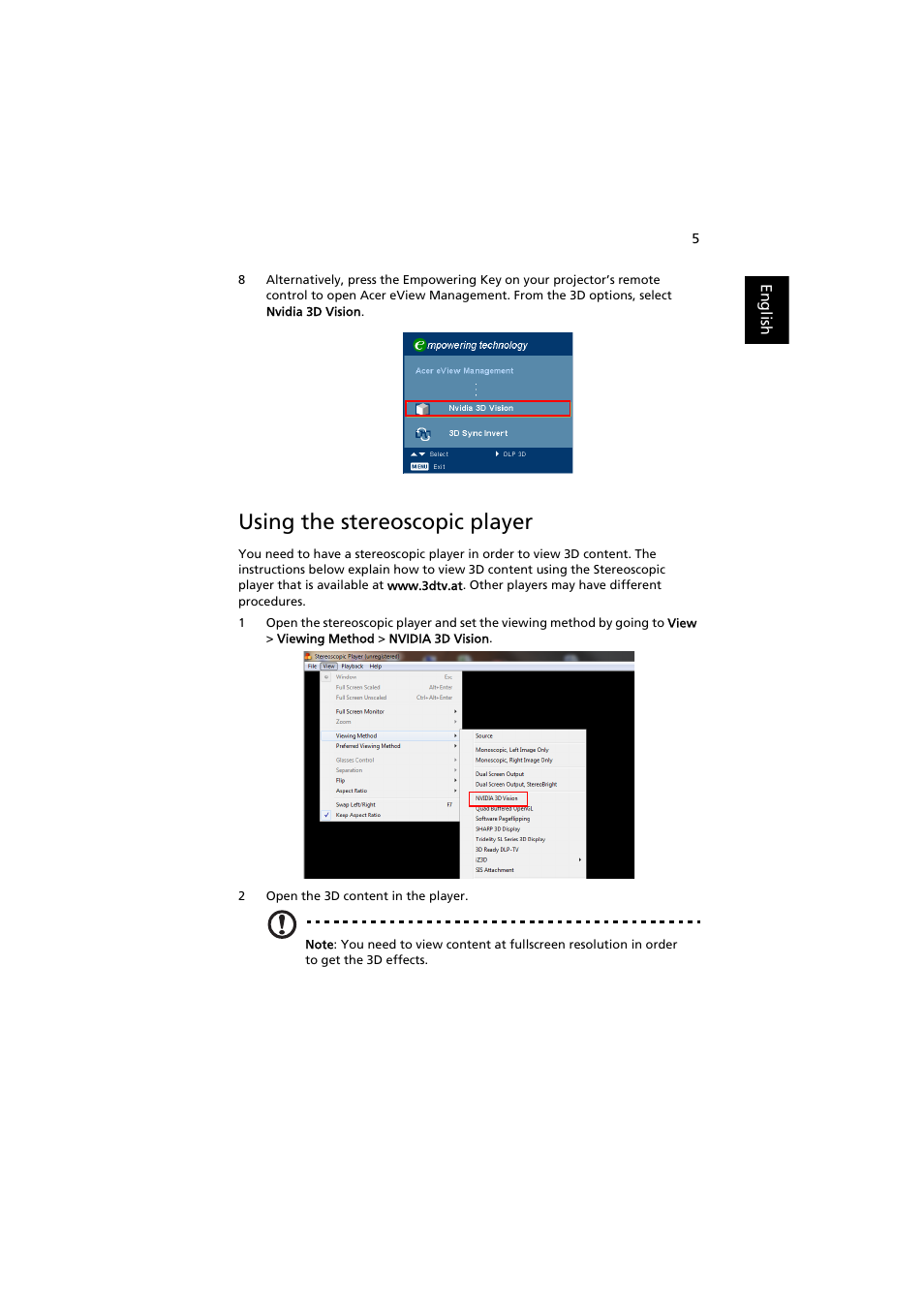 Using the stereoscopic player | Acer P1341W User Manual | Page 5 / 9