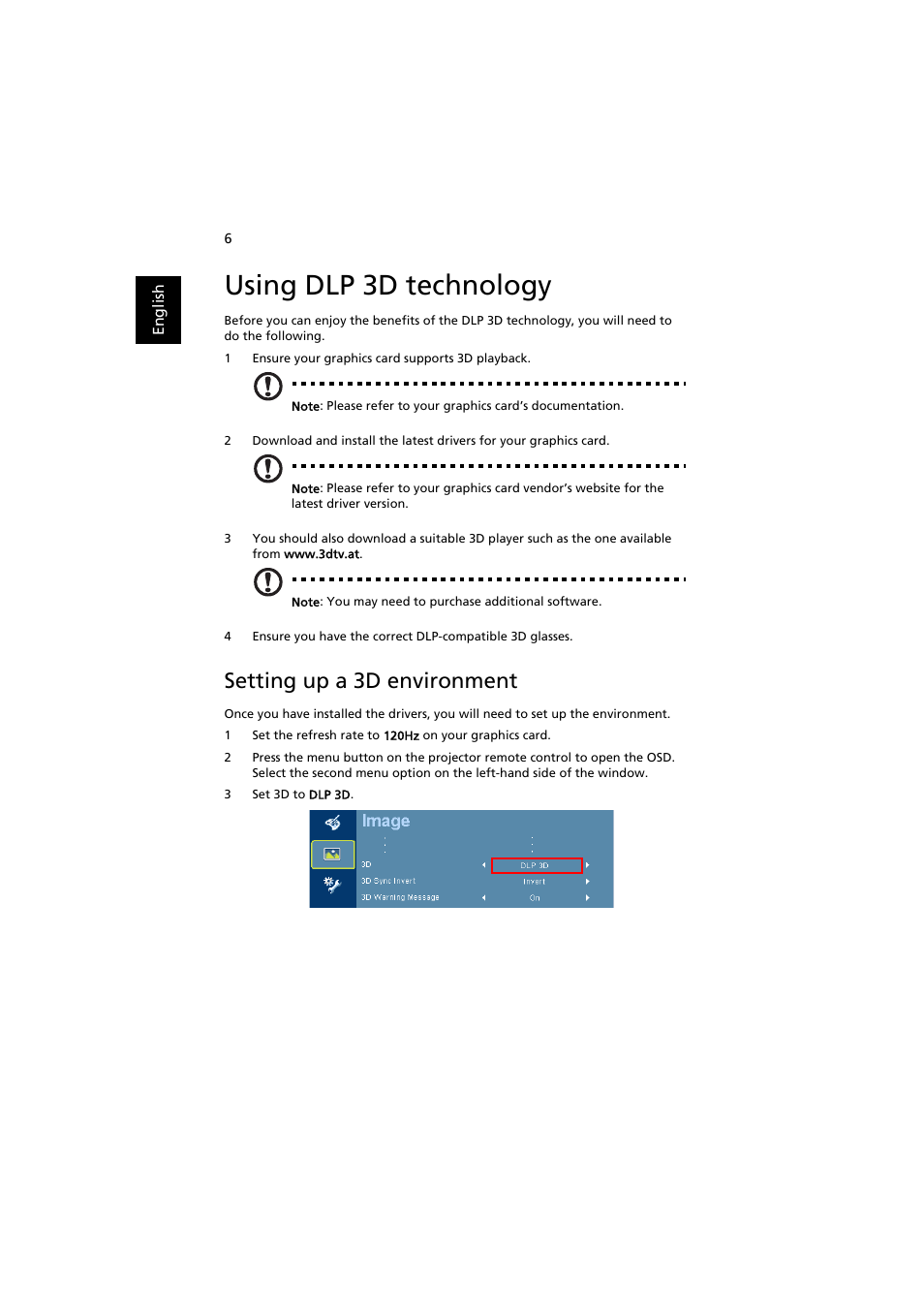 Using dlp 3d technology, Setting up a 3d environment | Acer P1341W User Manual | Page 6 / 9