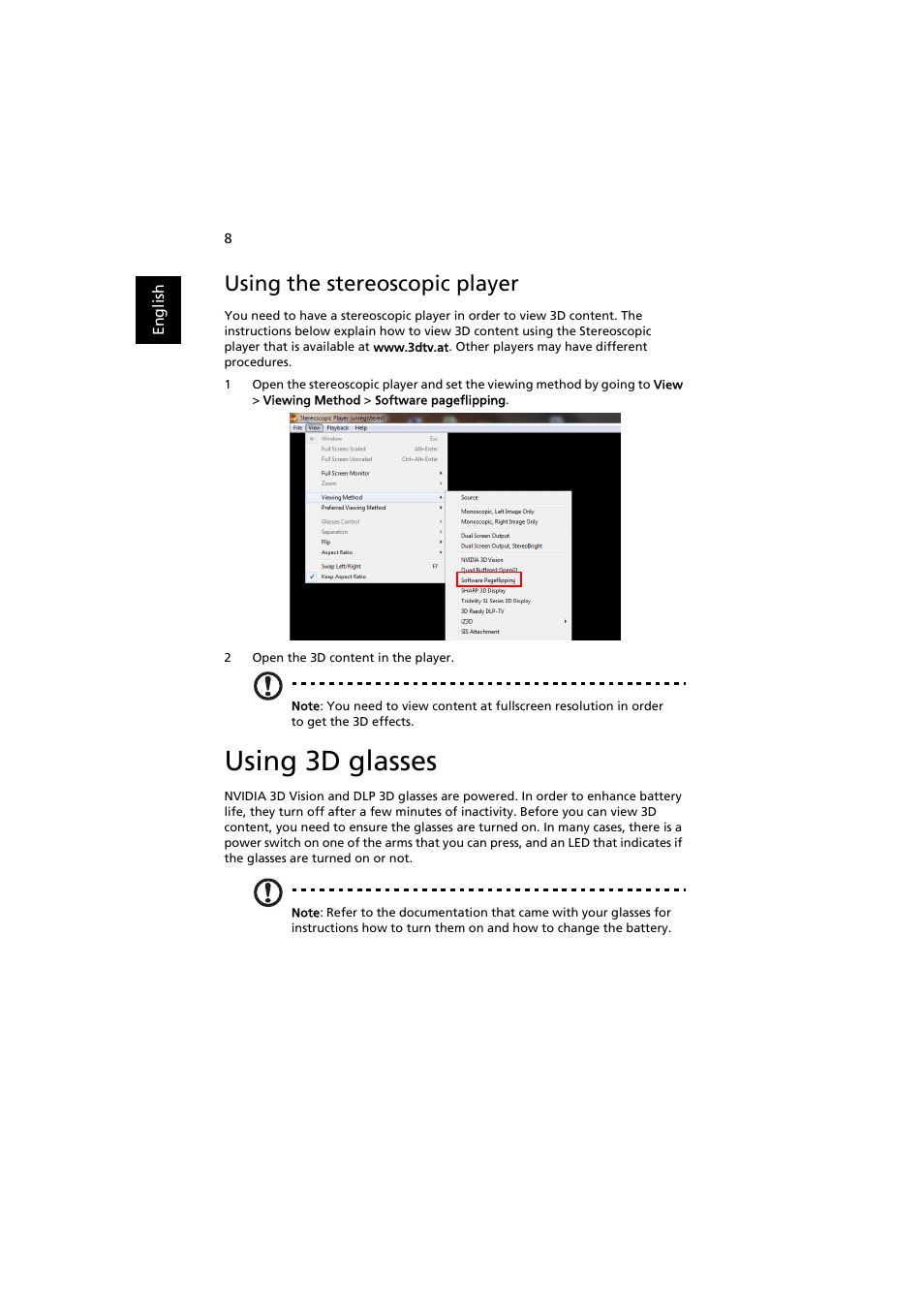 Using the stereoscopic player, Using 3d glasses | Acer P1341W User Manual | Page 8 / 9