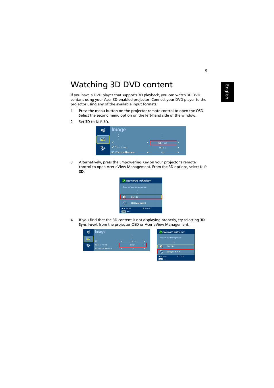 Watching 3d dvd content | Acer P1341W User Manual | Page 9 / 9