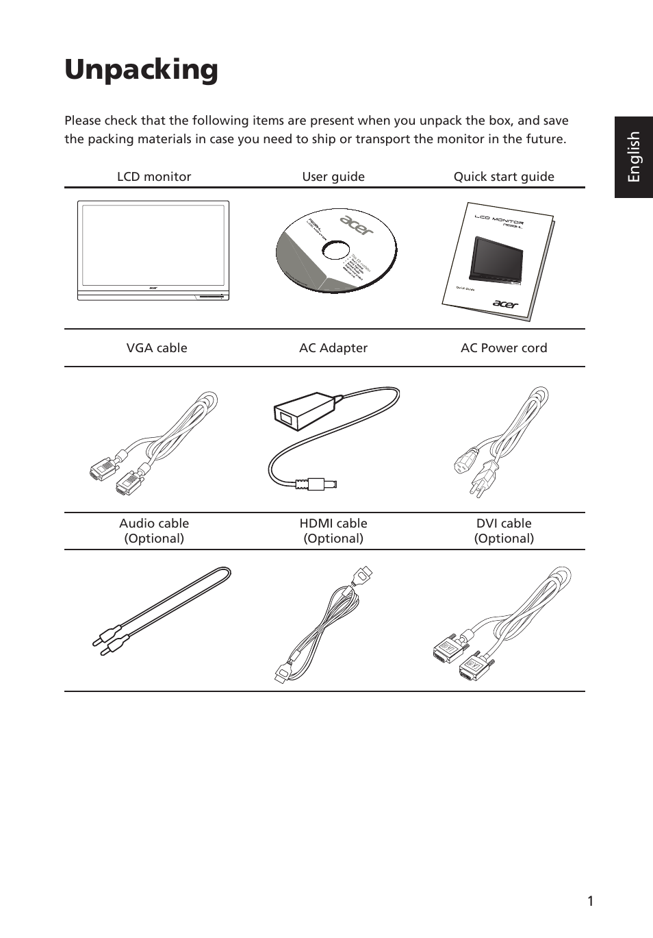 Unpacking, Unpacking 1 | Acer P238HL User Manual | Page 13 / 28