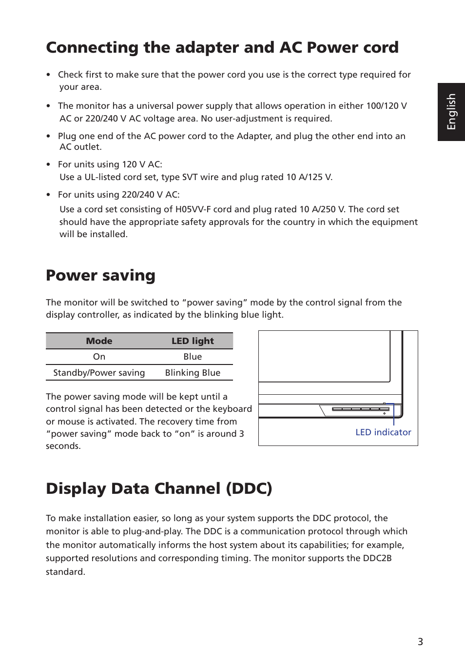 Connecting the adapter and ac power cord, Power saving, Display data channel (ddc) | Acer P238HL User Manual | Page 15 / 28