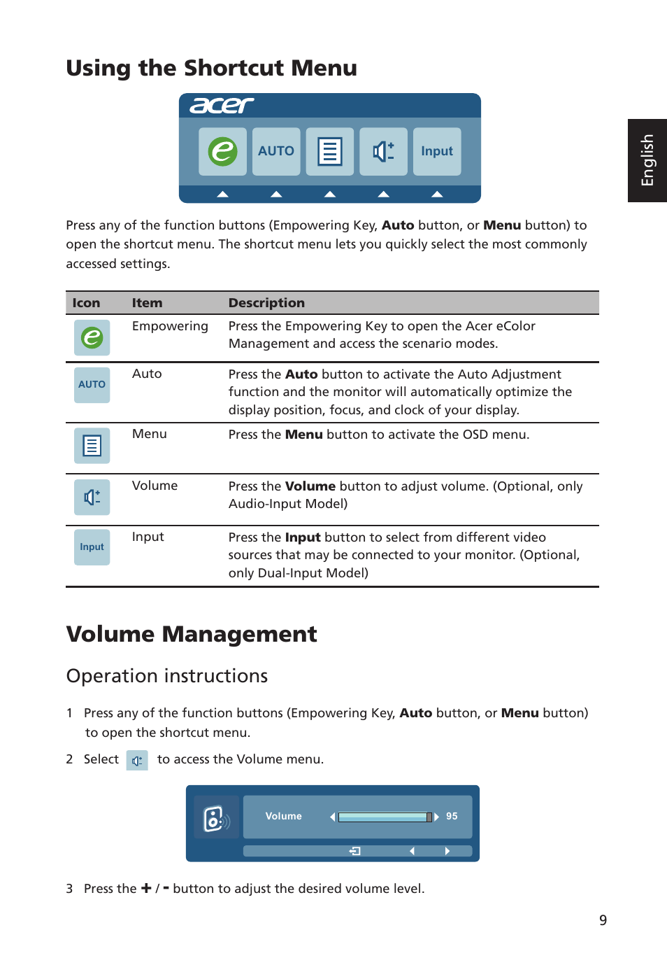 Using the shortcut menu, Volume management, Operation instructions | English | Acer P238HL User Manual | Page 21 / 28