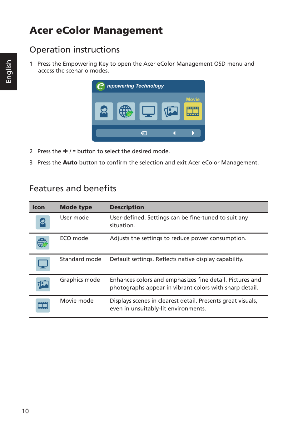 Acer ecolor management, Operation instructions, Features and benefits | English | Acer P238HL User Manual | Page 22 / 28