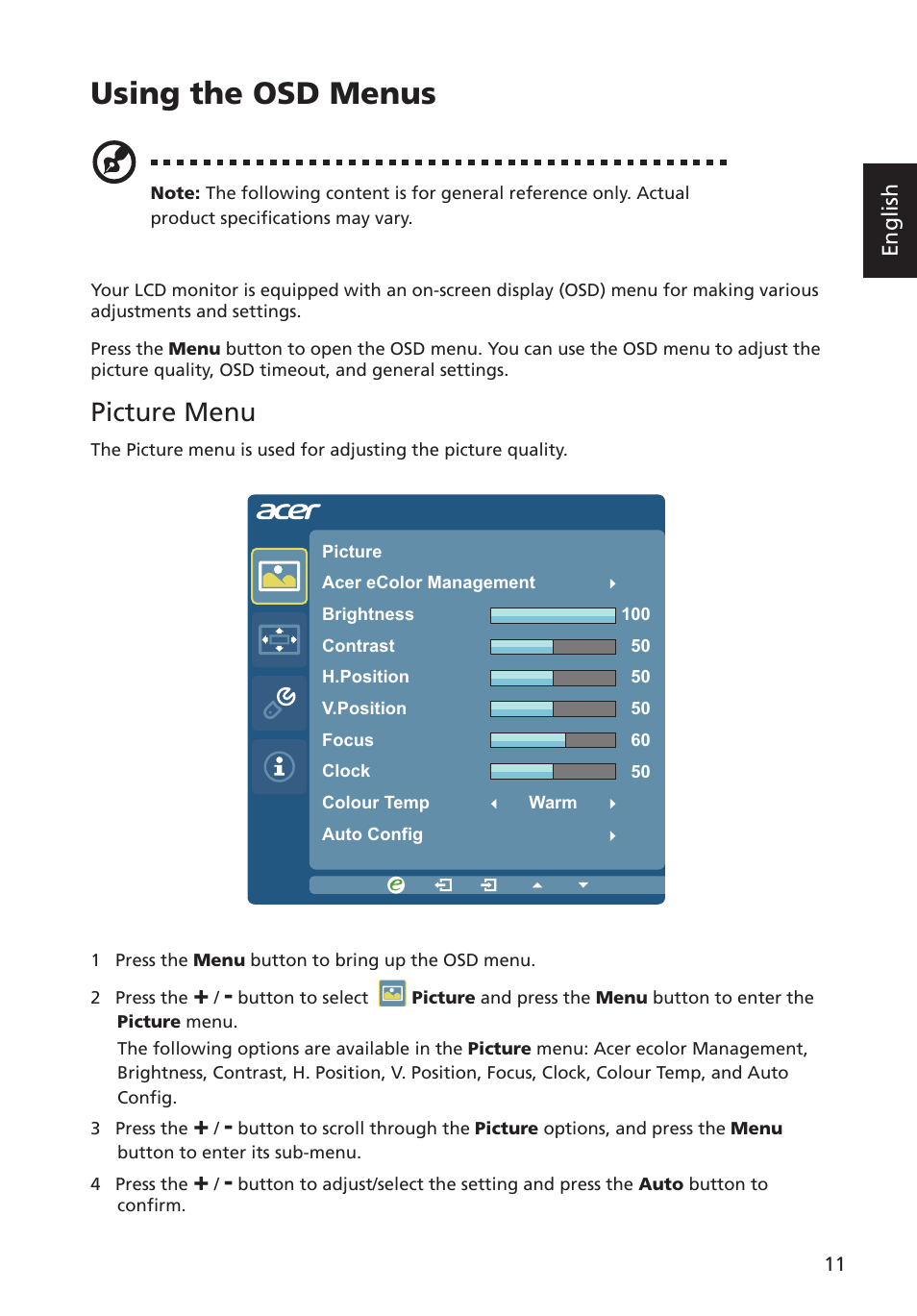Using the osd menus, Picture menu | Acer P238HL User Manual | Page 23 / 28