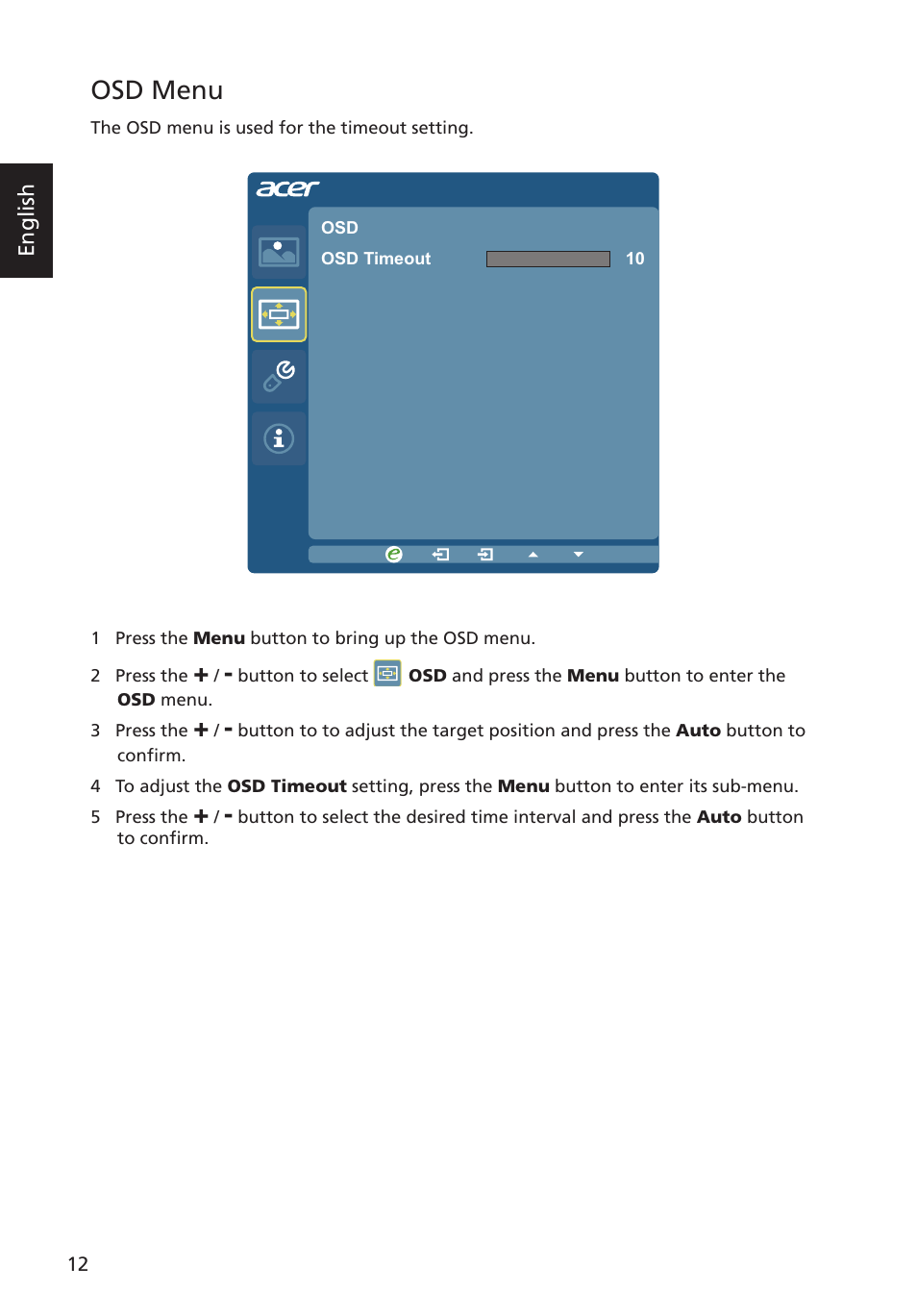 Osd menu | Acer P238HL User Manual | Page 24 / 28