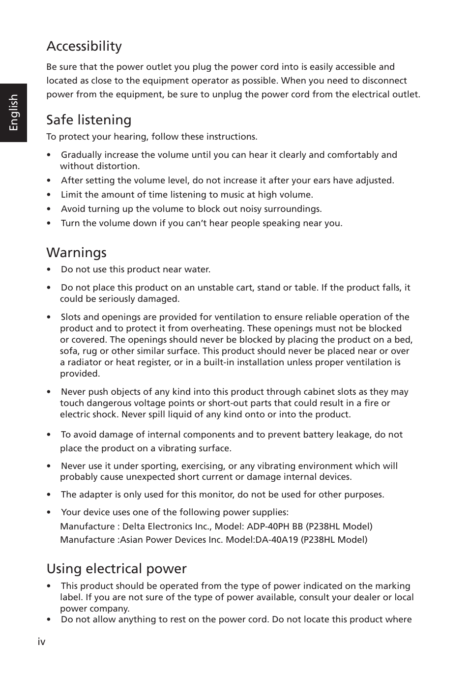 Accessibility, Safe listening, Warnings | Using electrical power, English | Acer P238HL User Manual | Page 4 / 28