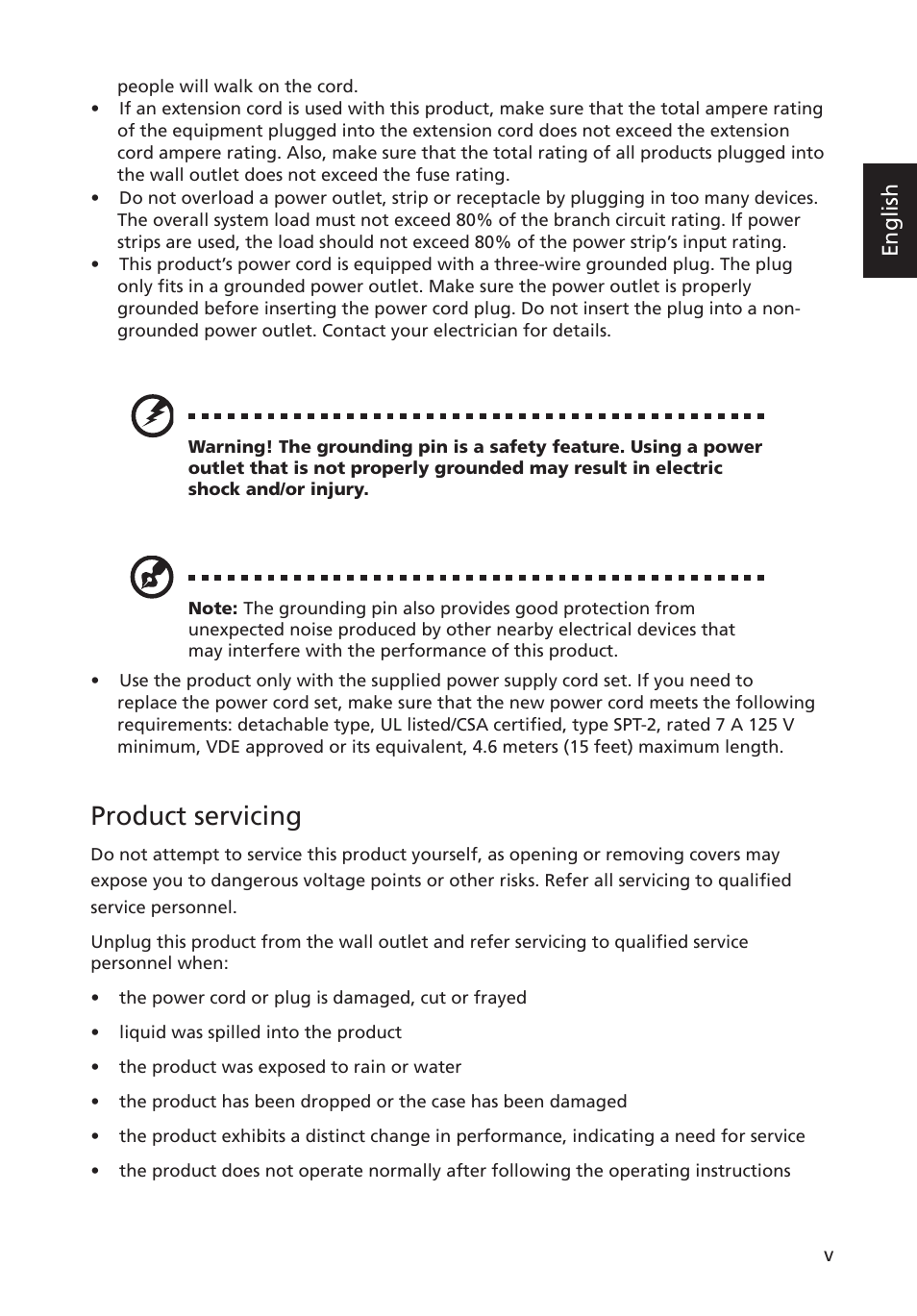 Product servicing, English | Acer P238HL User Manual | Page 5 / 28