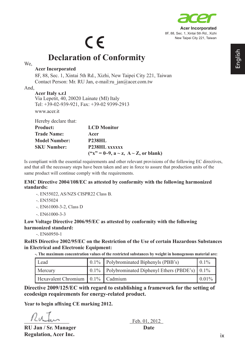 Declaration of conformity | Acer P238HL User Manual | Page 9 / 28