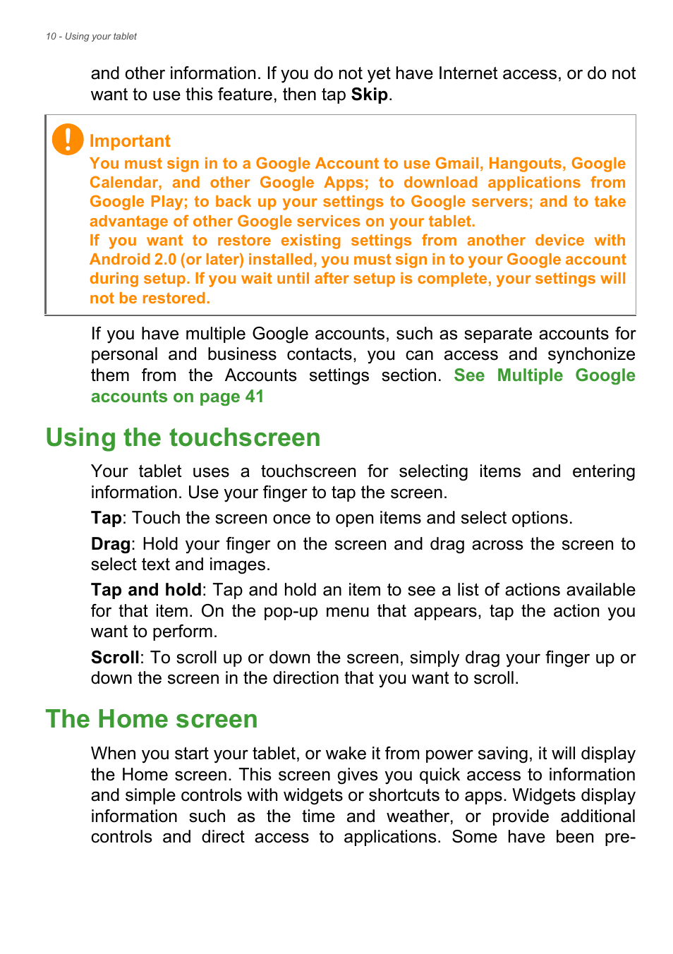 Using the touchscreen, The home screen, Using the touchscreen the home screen | Acer B1-730HD User Manual | Page 10 / 52